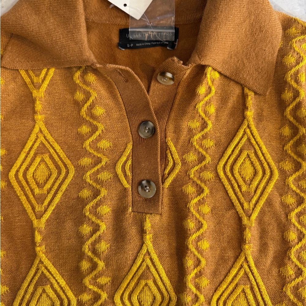 Vintage-Inspired Brown & Yellow Knit Polo Sweater Size S NWT - Picture 2 of 4